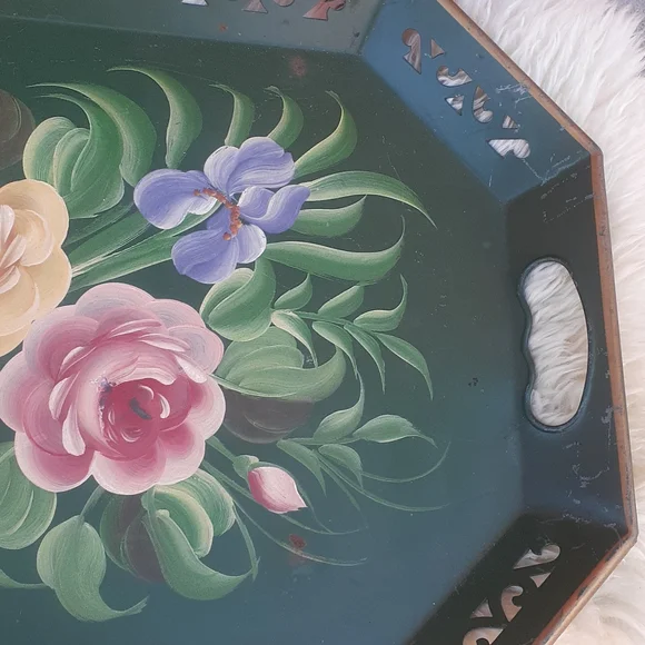 VINTAGE PINK ROSES FLORAL TOLE SERVING TRAY / Display WALL DECOR